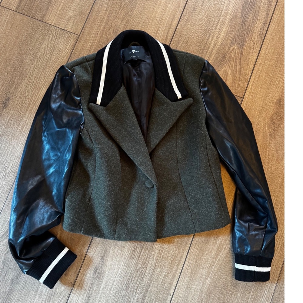7 For All Mankind Varsity Blazer Olive Green Faux Leather Sleeve Jacket Medium
